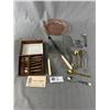 Image 1 : Vintage Bronze Ware Set of Appy Forks, Pink Depression Glass Plate and Misc Interesting Utensils