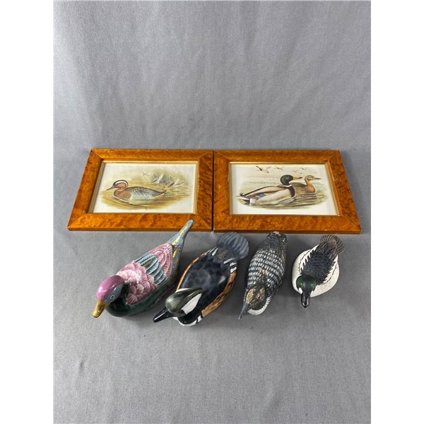 Duck Décor Lot - 2 Framed Vintage Duck Prints (13  x 10 , 2 WoodCarved Ducks, Ceramic Duck & HandCra