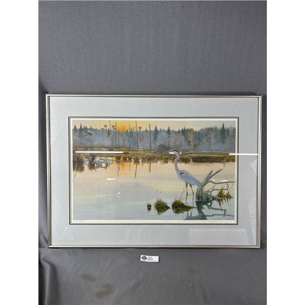 Ltd Ed. 202/303 Metal Framed & Matted Signed Brenda Carter Heron Print. Approx. 21" x 29"