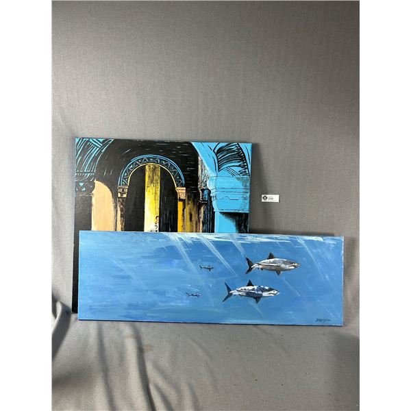2 Signed Acrylic Paintings On Canvas. Sharks Is 12" x 35" & Figure In Doorway Is 24" x 24"