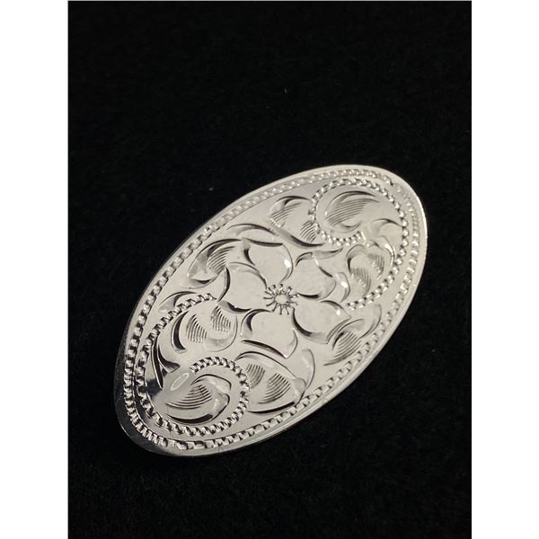 Nicely Engraved Oval Sterling 1950's Brooch