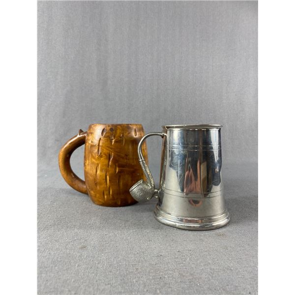 English Pewter Pipe Handle Mug & Wood Carved Haiti Mug