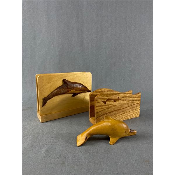 2 Wood Crafted Dolphin Napkin Holders & 1 Wood Carved Dolphin