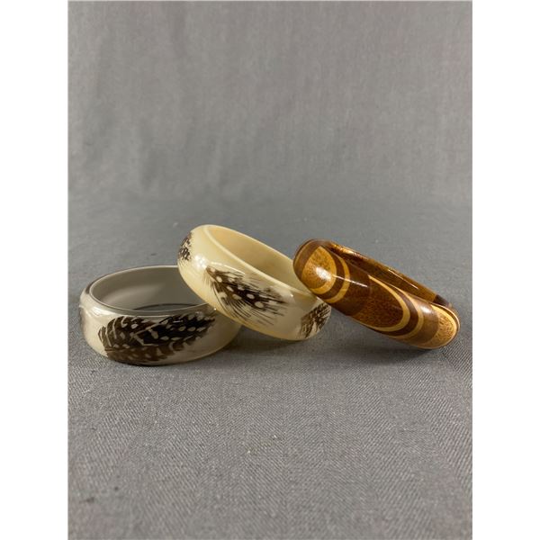2 Vintage Real Feather Bracelets & 1 Handcrafted Inlay Wood Bracelet