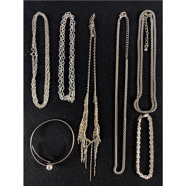 5 Silver Tone Chains & 2 Rhinestone Bracelets