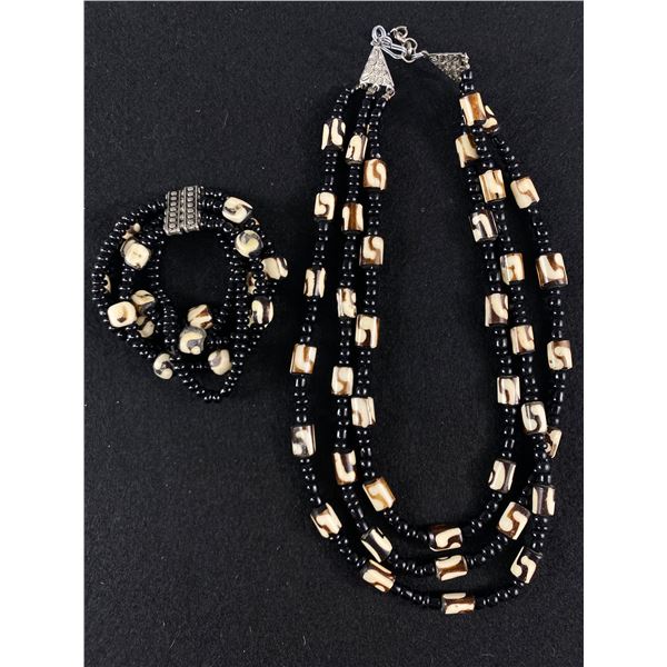 Vintage Matching All Dyed Bone & Small Glass Pony Beads Multi-Strand Bracelet & Necklace (16"-20")