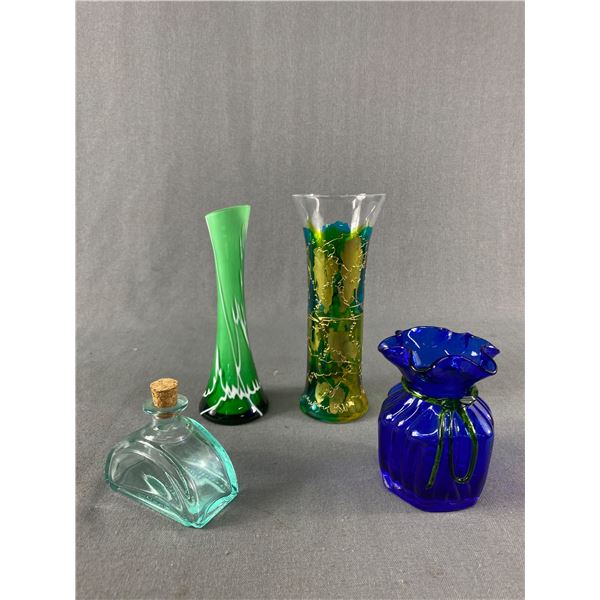 3 Decorative Glass Art-  Green & White Overlay Vase, Cobalt Blown Art Glass & Painted Glass Vase + I