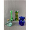 Image 1 : 3 Decorative Glass Art-  Green & White Overlay Vase, Cobalt Blown Art Glass & Painted Glass Vase + I