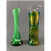 Image 2 : 3 Decorative Glass Art-  Green & White Overlay Vase, Cobalt Blown Art Glass & Painted Glass Vase + I