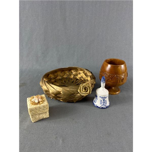 Hawaiian Crafted Baskets, Wood Goblet & Vintage Bell Made In Japan