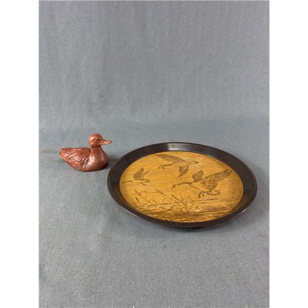 Vintage Canadian Duck 11" Wood Tray w/ Plastic Trim & P.E.I. Hand Carved Sandstone 5" L Duck