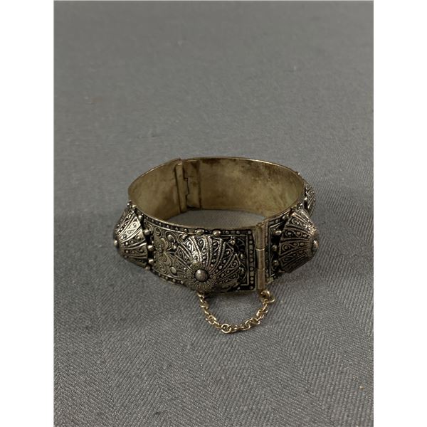 Interesting Vintage Middle Eastern Metal Cuffed Bracelet w/ Locking Pin