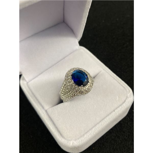 Gorgeous Sterling Silver Ring w/ Clear White and Blue Stones in Box