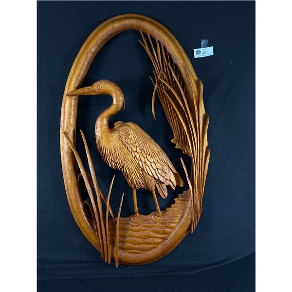 Beautifully Detailed Carved Wood Heron On Spruce By Artist Robert E. Whitehead. Approx. 30" x 17"