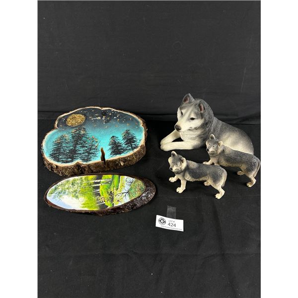 Sandicast 9" L Wolf Figurine w/ Plastic Wolves & 2 Painted 9" & 10" Wood Slices