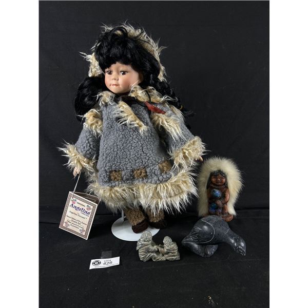 Inuit Décor - 15" Porcelain Doll On Stand, Figurine & 2 Carved Stone Figures (1 is Signed)