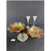 Image 1 : Lovely Vintage Glass Décor - 8.5" Candle Holders, Gold Trim Rose Bowl & 2 Iridescent Light Marigold 