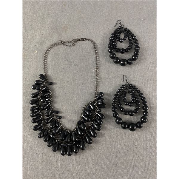Doulbe Strand Black Tear Drop Bead Choker Necklace & Black Beaded Earrrings