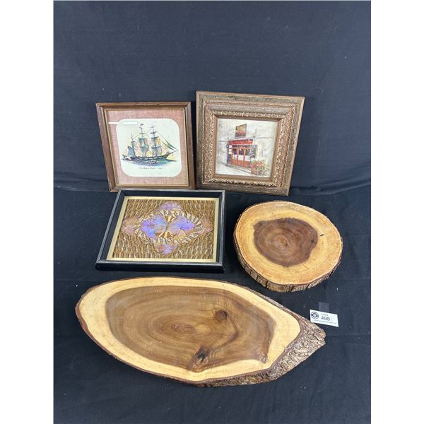 2 Acadia Wood Slice Platters & 3 Framed Pictures (Largest Is 9" x 11")