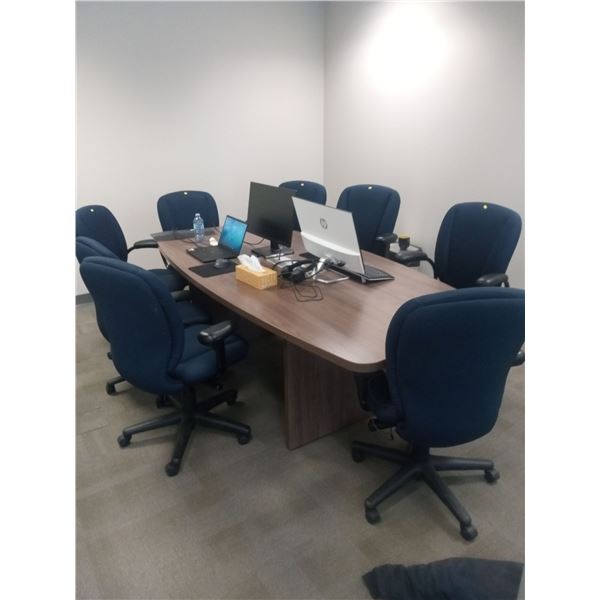 Office Table (94 X 44, 29H) with 8 Blue Office Chair (25 X 20, 42h) Content not included