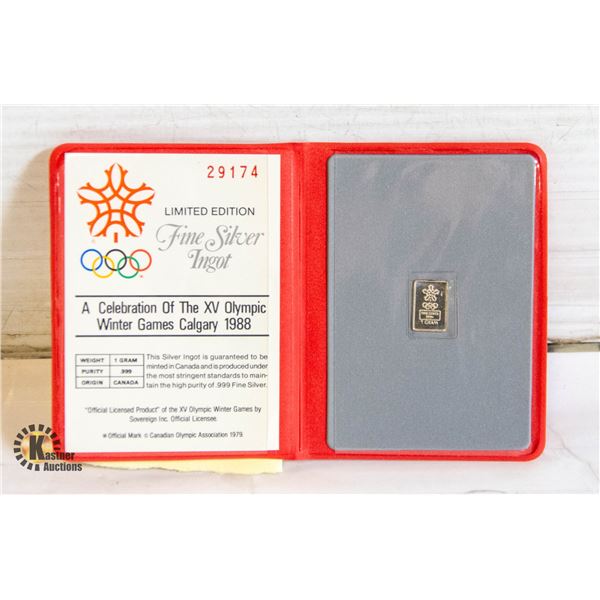 CALGARY OLYMPICS 1G PURE SILVER BAR W/COA