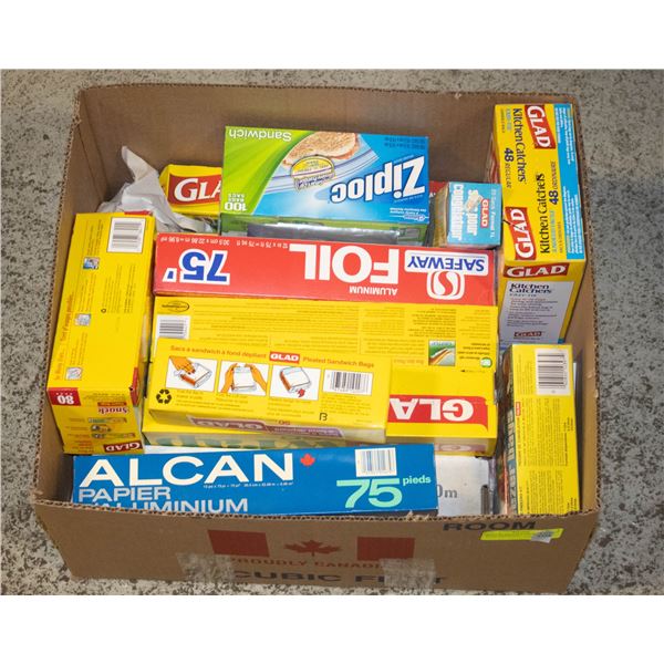 BOX LOT KITCHEN WRAP FOIL & BAGS ASSORTED
