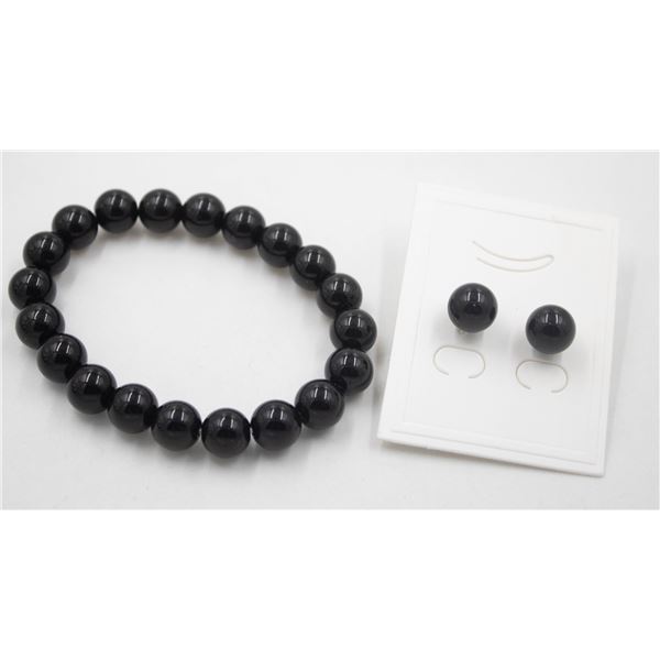 #61- NATURAL BLACK AGATE  BRACELET & EARRINGS  7.5