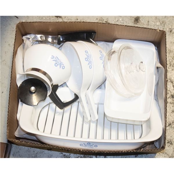 VINTAGE CORNING "CORNFLOWER"- COFFEE/TEA/PANS