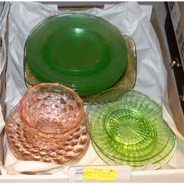 DEPRESSION GLASS- BOX LOT ASSORTED