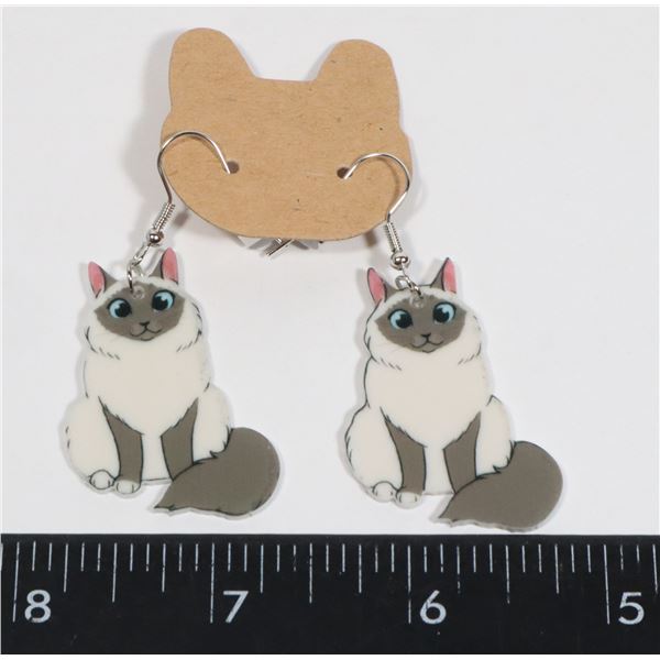 NEW BLUE EYED LONG HAIR CAT DROP EARRINGS.