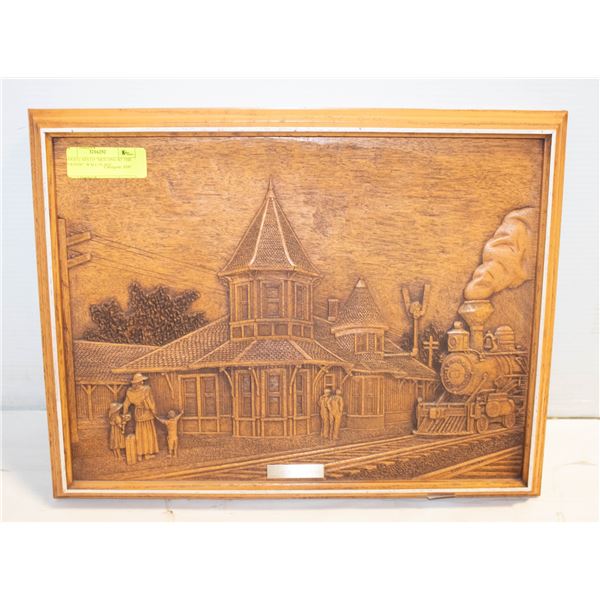 WOOD CARVED "MEETING AT THE STATION"  WALL PLAQU