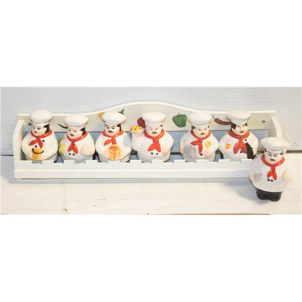 CERAMIC "CHEF'S" SPICE BOTTLES IN RACK W/ S & P