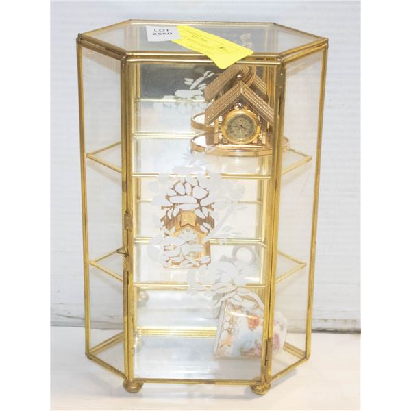 GLASS DISPLY WITH VARIOUS COLLECTIBLES