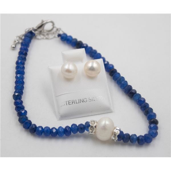 #79-NATURAL JADE & PEARL BRACELET 7.5 "& EARRING