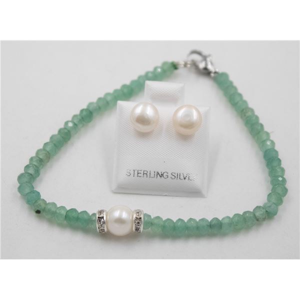 #84-NATURAL  AVENTURINE & PEARL BRACELET & EARRING