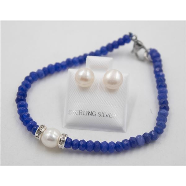 #80-NATURAL JADE & PEARL BRACELET 7.5 " & EARRING