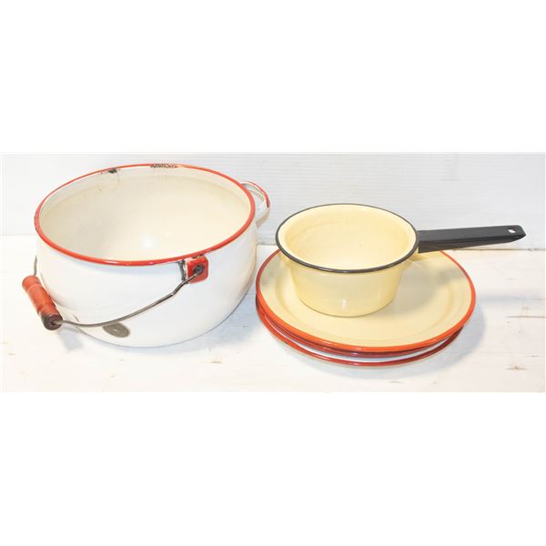 VINTAGE ENAMELWARE- BOX LOT ASSORTED