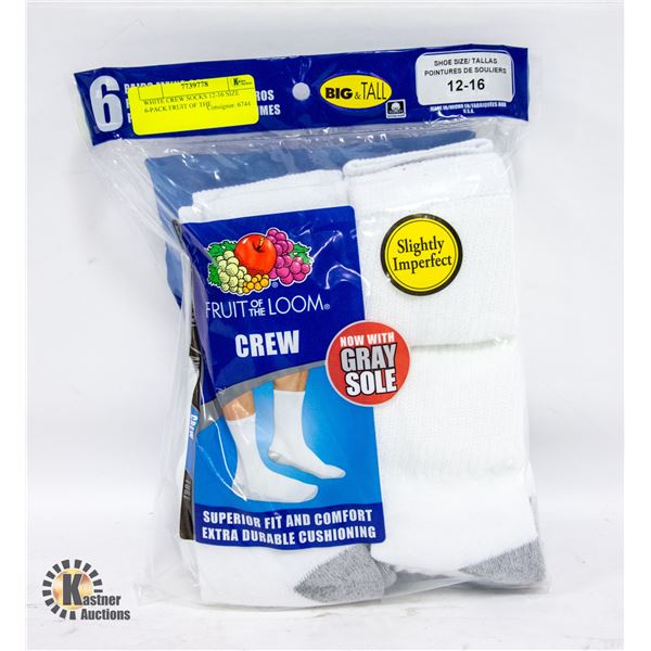 WHITE CREW SOCKS 12-16 SIZE 6-PACK FRUIT OF THE