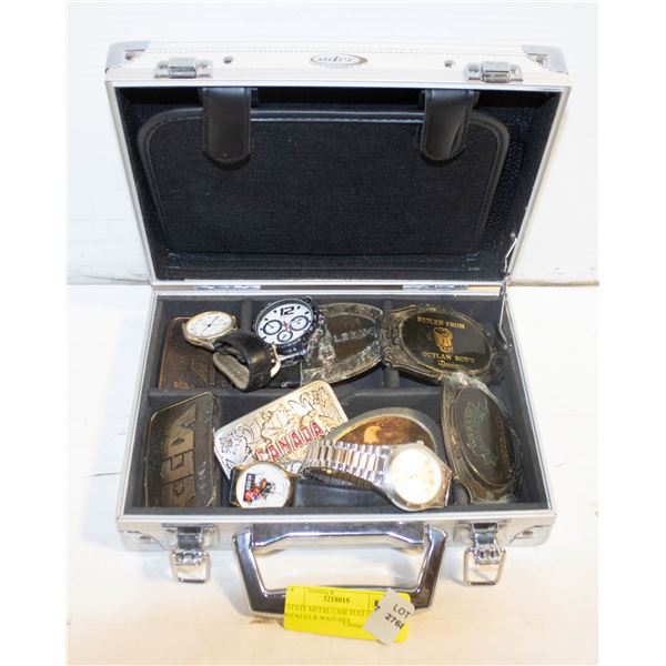 ESTATE METAL CASE FULL OF BELT BUCKLES & WATCHES