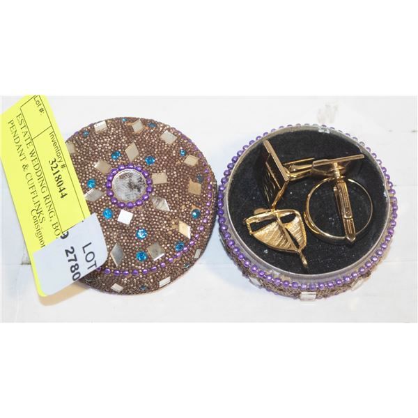 ESTATE WEDDING RING, BOAT PENDANT & CUFFLINKS