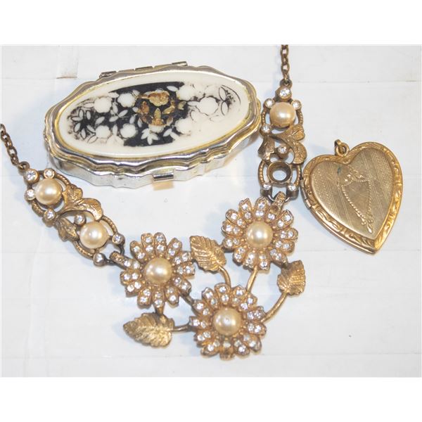ESTATE VINTAGE HEART LOCKET, PILL CASE & PEARLY