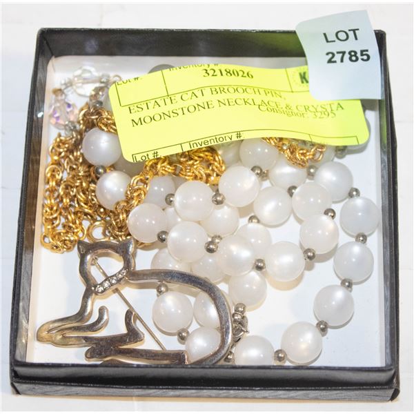 ESTATE CAT BROOCH PIN, MOONSTONE NECKLACE & CRYSTA