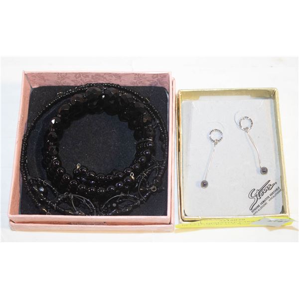 ESTATE HEMATITE EARRINGS & JET BLACK NECKLACE &