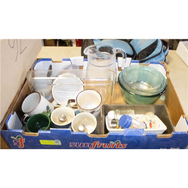 ASSORTED KITCHEN ITEMS, PYREX, MUGS