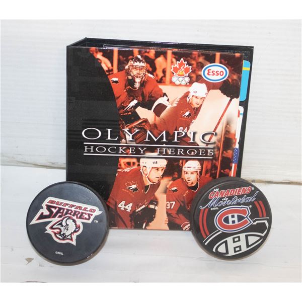 COLLECTIBLE OLYMPIC HOCKEY HEROES BOOK + 2 PUCKS