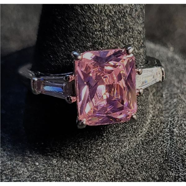 13)  SQUARE CUT PINK CZ RING WITH CLEAR CZ BAGETTE