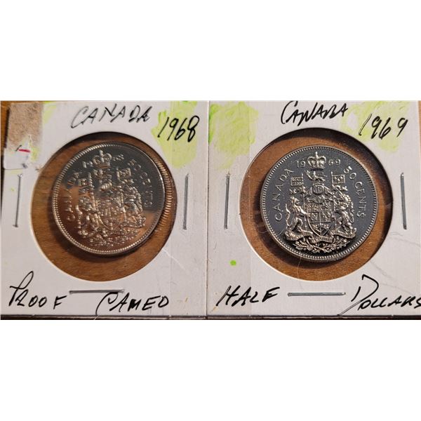19)  LOT OF 2 CANADIAN HALF DOLLARS, 1968 & 1969.