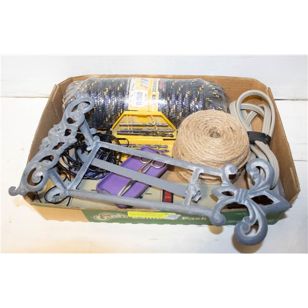 TRAY OF ROPE,POWER BAR, DRILLBITS,CHARGERS ETC