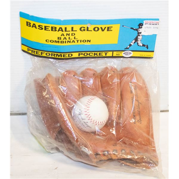 VINTAGE UNOPENED BASEBALL GLOVE & BALL