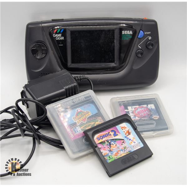 SEGA GAME GEAR W/ ADAPTER & 3 GAMES, AS IS